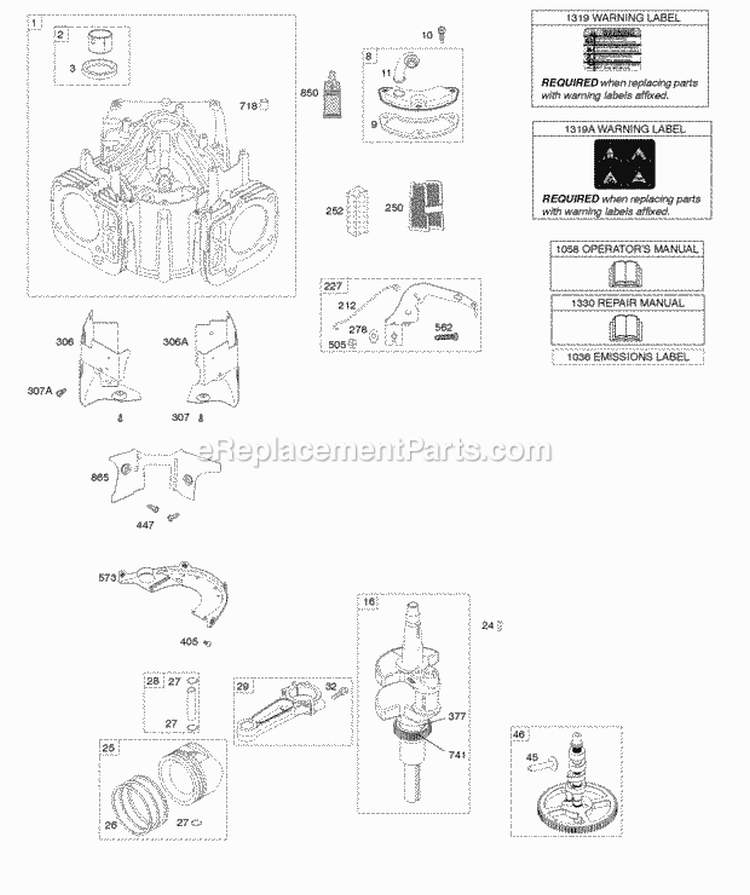 Cylinder Crankshaft PistonRingsConnecting Rod Shields Camshaft Labels Manuals Diagram and Parts List for 44L977-0001-G5  Briggs and Stratton Engine